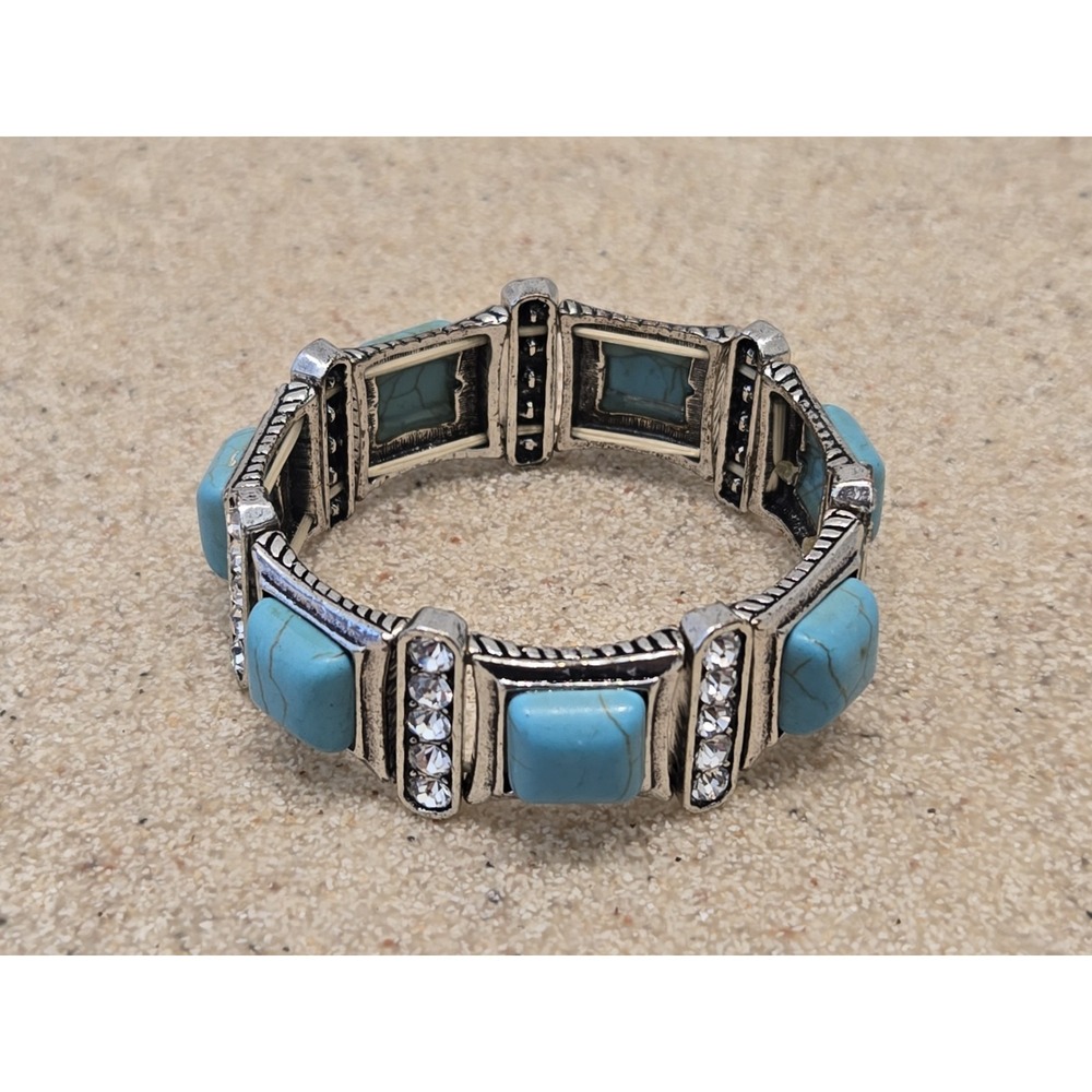 Turquoise Silver Bracelet Square Motif Round Crystals Elastic Southwest Arizona